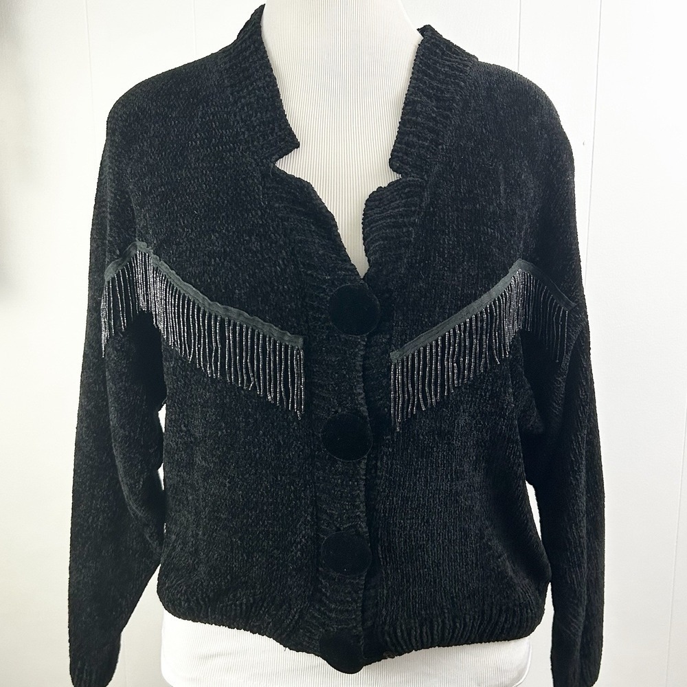 True VINTAGE Black Beaded FRINGE Chenille CARDIGAN SWEATER M Retro Western 80s